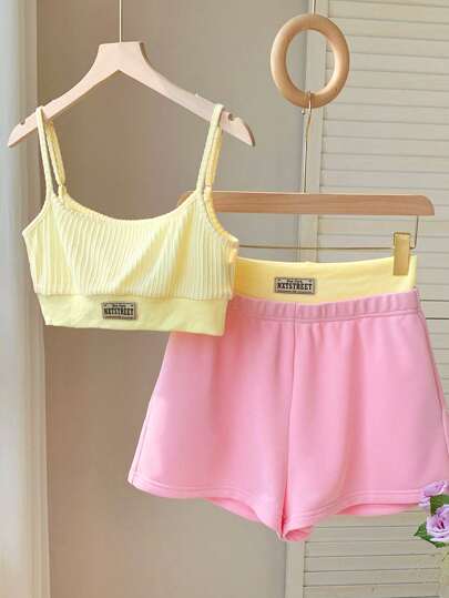 Comfortcana Women's Casual Street Stylish Letter Print Crop Top And 2-In-1 Shorts Set, Summer Letter Print Tank Top & Contrast Splicing Long Pants, Butter Yellow And Pink, Cute Clothes