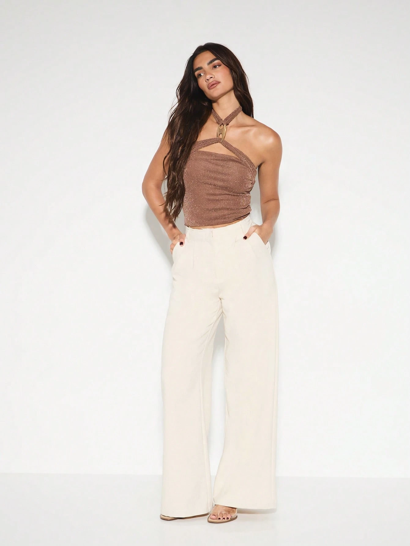 KIZN Metallic Mesh Corset Style Halter Crop Tank Top