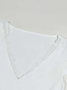 INAWLY Women's Summer Fashion Contrast Lace Solid Color Slim Fit V-Neck T-Shirt - White - View 3