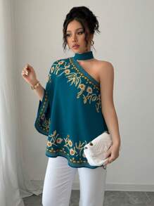 Rafferiza Blusa elegante de mujer con un hombro, manga de murciélago, bajo asimétrico y con lazo