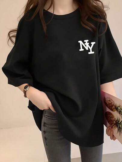 Women's Black NY Letter Print Loose Fit Round Neck Short Sleeve T-Shirt, Casual Summer Top, Elegant & Comfortable Design, Suitable For Everyday Wear, Oversized New York T-Shirt, Vintage Style