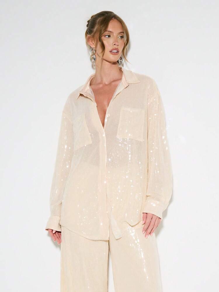 KIZN Elegant Sequin Button Down Shimmering Sparkle Blouse