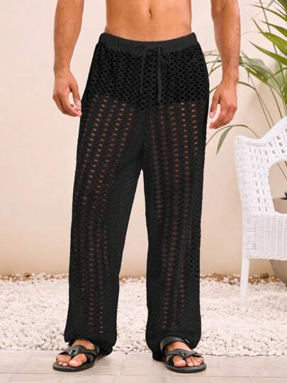 Manfinity VCAY Pantalones rectos de cintura elástica y ajuste holgado de punto para hombre, pantalones de malla de moda y uso diario para hombres, pantalones de punto, pantalones de ganchillo para hombres, pantalones de pijama para hombres