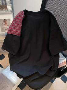 SHEIN 大码女式格子印花圆领扭纹休闲短袖T恤