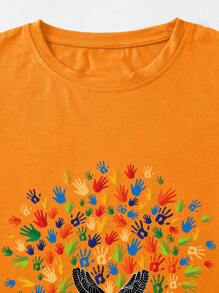 Women's Casual Hand Print & Letter Graphic T-Shirt, Spring/Summer - Orange - View 3