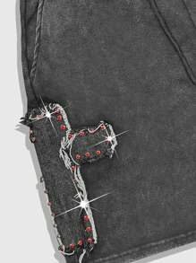 ROMWE MEN Street Life Shorts casuais masculinos com strass e decoração de patch, cordão e bolsos na cintura - Preto - Ver 3