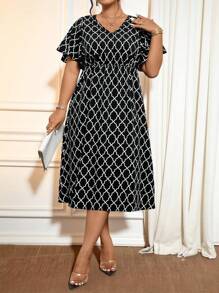 Cravure Đầm Maxi Thanh Lịch Cổ Chữ V In Hình Hình Học Size Lớn Cho Nữ Tay Ngắn Xếp Ly - Đen và trắng - Xem 1