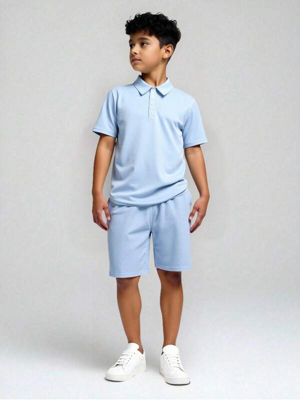 SHEIN Set de 2 piezas para niño preadolescente con top de manga corta y pantalones cortos de ajuste holgado con diseño minimalista de letras, adecuado para ir y venir, escuela, uso diario casual, deportes, primavera/verano