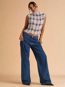 SHEIN BAE Blusa senza maniche con motivo a quadri marroni plissettata, semplice e casual, adatta per aeroporto, uscite, casual business, lavoro, stile Y2K, ritorno a scuola, autunno