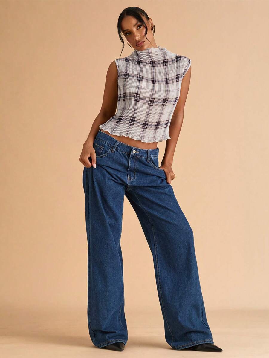 SHEIN BAE Blusa senza maniche con motivo a quadri marroni plissettata, semplice e casual, adatta per aeroporto, uscite, casual business, lavoro, stile Y2K, ritorno a scuola, autunno