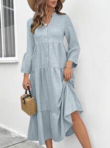 SHEIN LUNE Đầm suông rộng rãi đơn hàng khuy đơn cổ chữ V màu trơn cho nữ, trang phục maxi xuân hè cho nữ - Rửa nhẹ - Xem 5