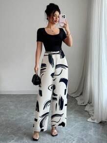 Rafferiza 时尚休闲撞色条纹拼接系带短袖女式连体裤 - 彩色 - 查看 1