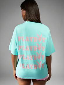 Missguided x Playboy Weekend Casual Graphic Print Oversized T-Shirt Summer Lounge Wear Streetwear Comfort Top - Blue - View 2