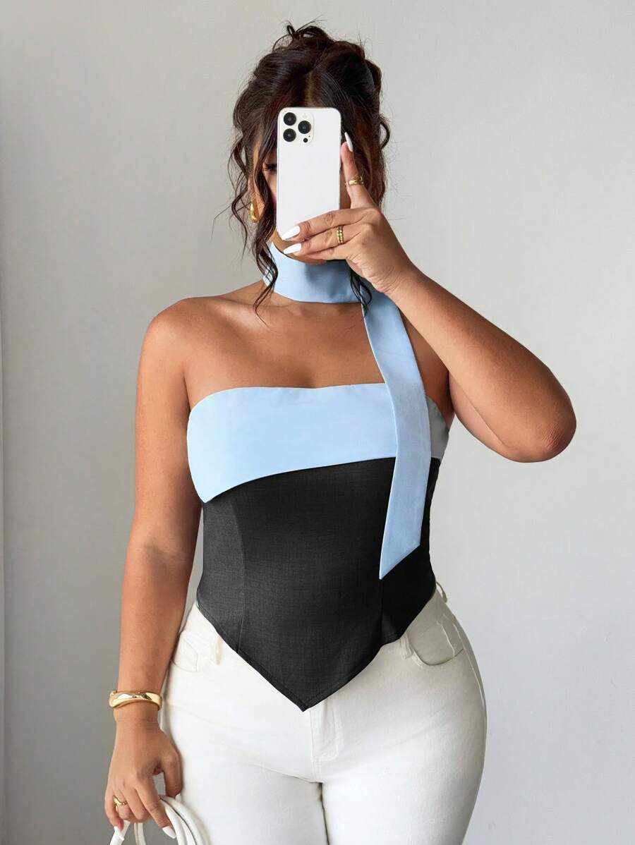 Elenzga Halloween Plus Size Women Colorblock Bandeau, Casual Ladies Top, Spring/Summer - Multicolor - View 1
