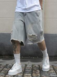 Manfinity EMRG 男士口袋做旧毛边宽松牛仔百慕大短裤 男士做旧牛仔短裤