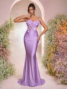 Glamrae 优雅浪漫的紫色手工五瓣水晶装饰 V 领腰开衩美人鱼鱼尾拖尾长裙，适合约会、单身派对、正式场合、舞会、鸡尾酒会、庆典（重磅） - 淡紫色 - 查看 6