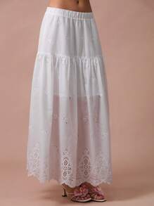 Enchnt Falda maxi elástica de cintura con bordado y volantes blancos, romántica para mujer, ideal para vacaciones, casual y cómoda para fiestas de cumpleaños, días festivos, citas dulces, viajes diarios, vacaciones, temporada de bodas, versátil en verano, conciertos, estilo bohemio - Blanco - Ver 7