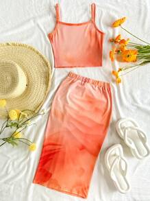 SHEIN Set de bluză și fustă mini, cu imprimeu floral, mulată, casual, confortabilă, pentru fete preadolescente