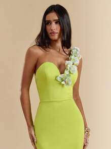 SHEIN BAE 纯黄绿色深V领不对称肩部紧身长款鱼尾连衣裙，优雅海滩度假连衣裙，春夏