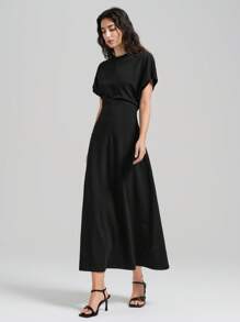 Ontre Women's Four Seasons Black Waist Urban Simple Dress, Elegant Bat Sleeve Long Dress, Teacher Dress - Black - View 7