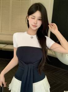 DAZY 女式夏季设计撞色拼接二合一系带短袖修身T恤，适合休闲街头穿着 - 彩色 - 查看 3