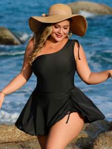 Swim Lushoire Conjunto de traje de baño de una pieza de unicolor con cuello asimétrico y falda sarong con bajo dividido para tallas grandes