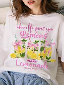 SHEIN Chill Chill, Fruit & Bowknot Lemon Tea Pattern T-Shirt, When Life Gives You Lemons Make Lemonade, Casual Loose Knit Tee For Teen Girls, Summer - Multicolor - View 4