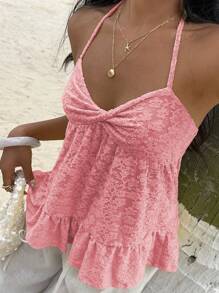 Sunnyshic Solid Color Lace Patchwork Twist Front Camisole Tank Top, Fashionable Summer - Pink - View 6