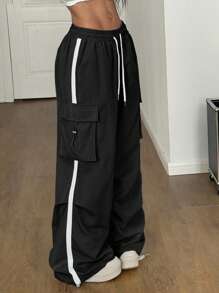 Coolane Women's Summer Streetwear Sport Basic Flap Pocket Side Drawstring Waist Parachute Grey Cargo Pants - Black - View 2