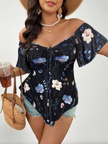 SHEIN VCAY Artı Omuz Açık Bağcıklı Ön Tişört - Siyah - Görünüm 6