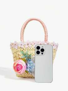 SHEIN ICON 女士，女式手提包，草编包，花朵，珍珠蝴蝶结，珍珠，时尚，优雅，简约，个性化，多功能，街头，甜美酷炫女孩，辣妹，千禧一代，适合海滩，度假，节日，夏季，海边 - 粉色 - 查看 5