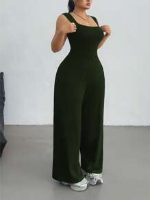 POPSWAY MOOSTA Plus Size Spring/Summer Women's Solid Color Elegant Loose Casual Off The Shoulder Sleeveless Sports Academy Simple Casual Square Neck Wide Leg Jumpsuit - Green - View 1