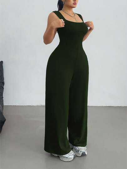 POPSWAY MOOSTA بدلة كاوجوال أنيقة بالياقة المربعة واسعة الرجل بدون أكمام للنساء البدينات مع لون solid أناقة والموسم الربيع والصيف'