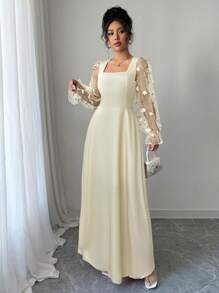 Firerie 女士网眼刺绣长袖方领系带 A 字裙，浪漫伴娘礼服，适合婚礼、派对、约会、毕业典礼、表演、音乐会