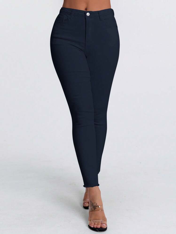 SHEIN SXY 纯色紧身纽扣前休闲百搭牛仔裤海军蓝裤子高腰裤紧身裤小脚裤女裤 - 藏蓝色 - 查看 1