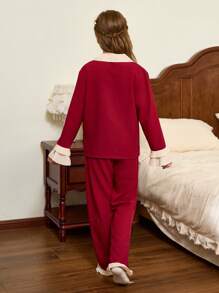 Snug Zone Tween Girl Contrast Ruffled Collar Open Front Button-Up Tops & Pants Pajama Set, For Christmas - Multicolor - View 2