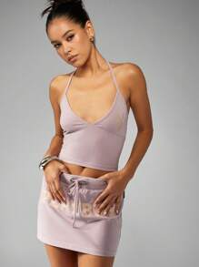 Missguided x Playboy Áo ba lỗ crop cami nhẹ cổ yếm Studio không tay mùa hè Athleisure - Màu tím - Xem 1