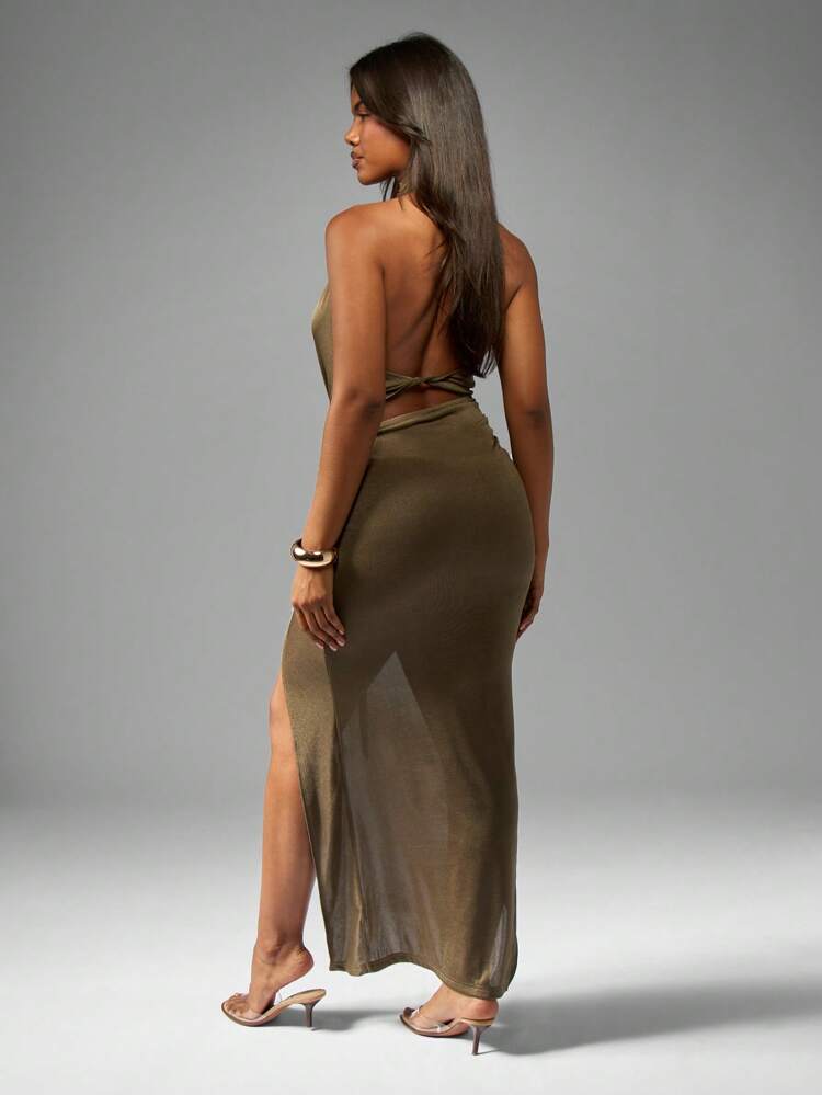 MISSGUIDED Bodenlanges Maxikleid mit hohem Halsausschnitt, Neckholder, Rüschen und Cut-Outs