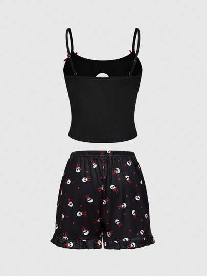 Goth Gothic Style Skeleton & Bow Embroidered Camisole Shorts Pajama Set