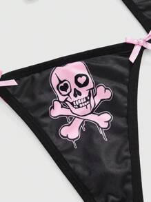 ROMWE 3 Stücke/Set Slip mit Schädelmotiv, metallischen Details und Schleifen - Schwarz - Übersicht 4