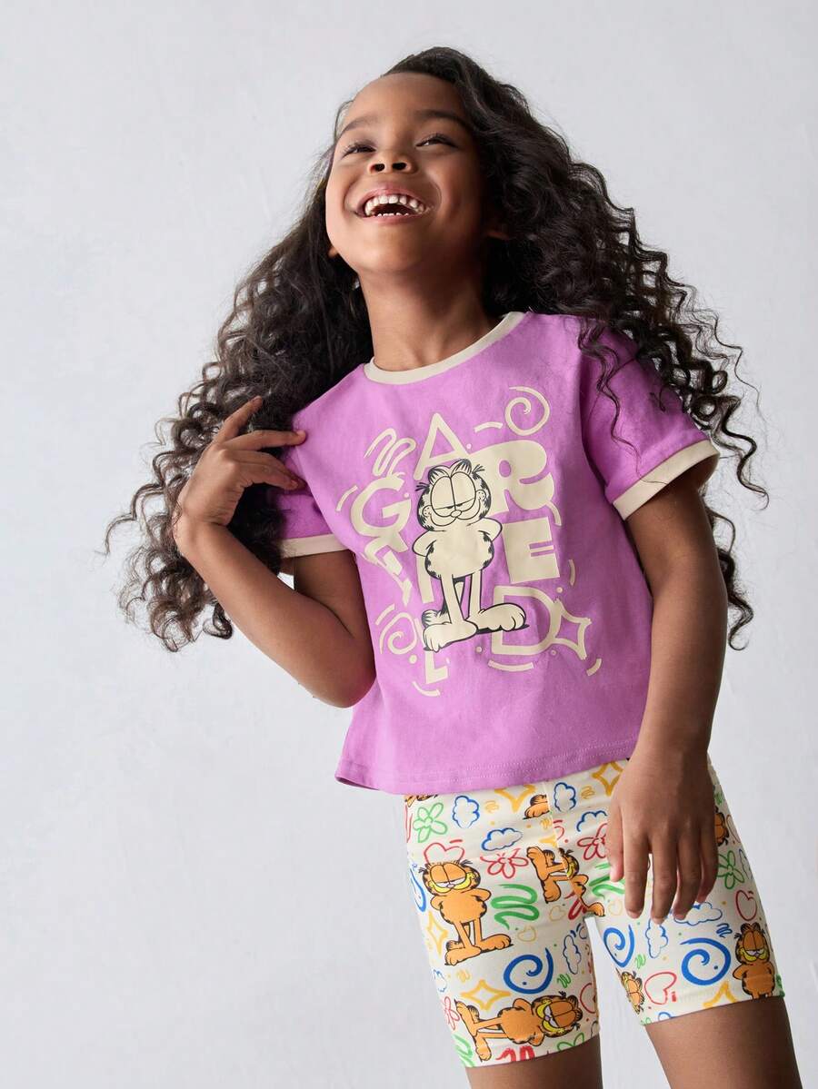 Maija Kids GARFIELD | SHEIN Maija Kids Bộ 2 áo thun tay ngắn cổ tròn in hình mèo cho bé gái và quần short - Màu tím - Xem 1