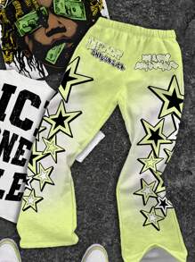 SHEIN Tween Boys Fashion Classic Cool Figure Portrait Graphic Tee & Slogan Printed Bell-Bottoms 2 Pieces Casual Outfit, Suitable For Summer
