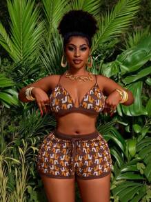Veslaya Plus Size Women Full Print Sleeveless Knitted Tank Top And Woolly Shorts Sexy 2 Pieces Set - Multicolor - View 9
