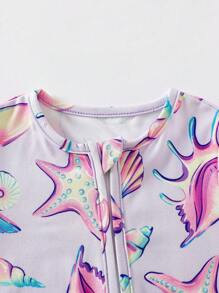 Baby Girl Casual White Starfish & Shell Sea Life Digital Print Long Sleeve Zipper Bodysuit - White - View 5