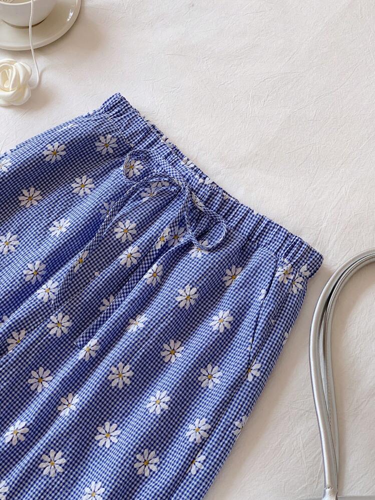 Comfortcana 2pcs/Set Plus Size Women Plaid Floral Print Halter Top And Pants,Holiday Outfits Boho - Blue - View 6