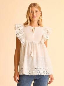 CAJUNI Blouse ample de vacances décontractée pour femme, encolure en V, manches lanternes, avec ourlet à volants brodé de style bohème pour les vacances à la plage - Blanc - Voir 1