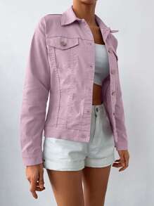 RueChic 98%Cotton Flap Pocket Button Front Denim Jacket - Baby Pink - View 3