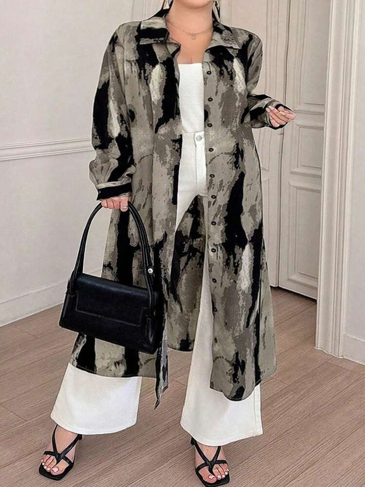 Dazy Plus Plus Size Turndown Collar Ink-Dyed Loose Long Sleeve Maxi Shirtdress,Fall Dress