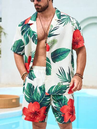 Surfspeed Plus Size Men Tropical Plant Print Short Sleeve Top And Pocket Shorts Beach Suit