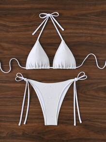 Swim SXY 女士亮片拼接吊带分体比基尼套装，性感海滩度假风格 - 白色 - 查看 3